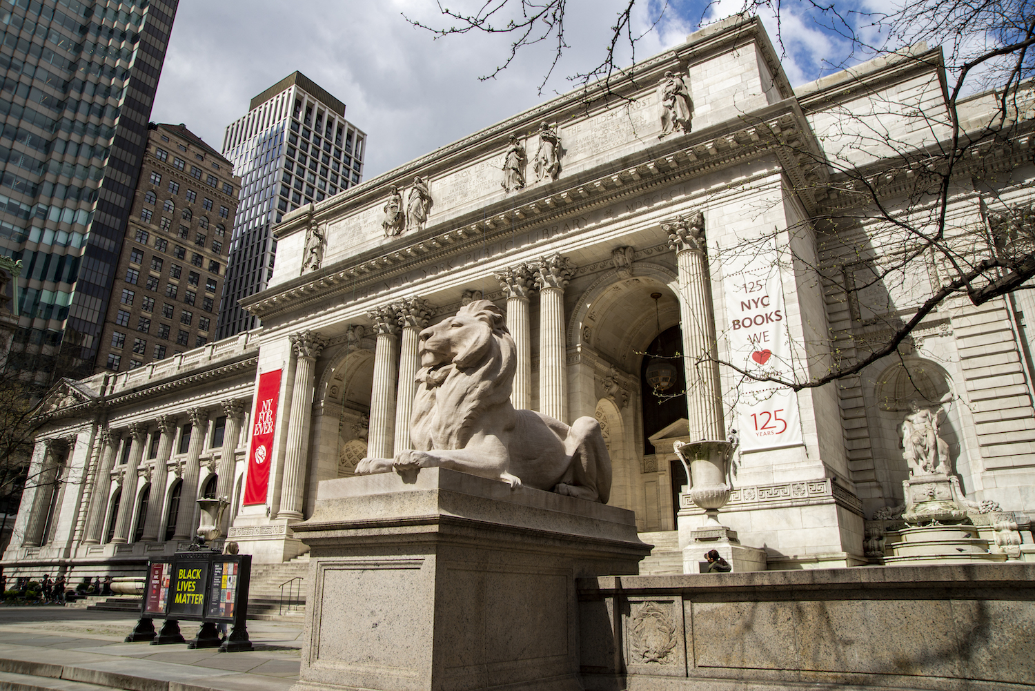An external shot of the library lion Fortitude outside of NYPL's Stephen A Schwarzman Building