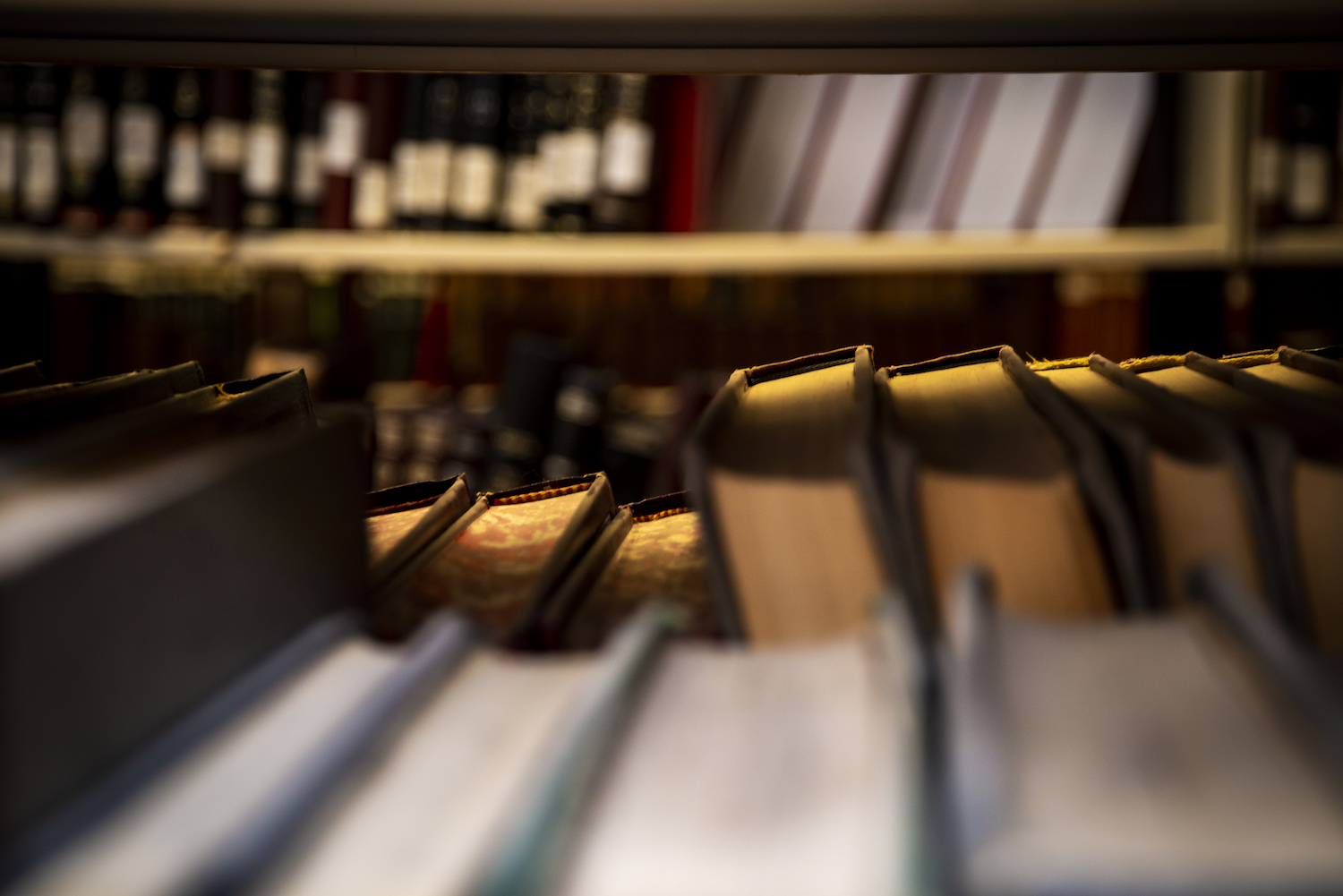 An image of library stacks from the inside looking out